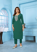 Monjolika Fashion Dark Green Rinkal Cotton With Embroidered Work Kurti With Pant