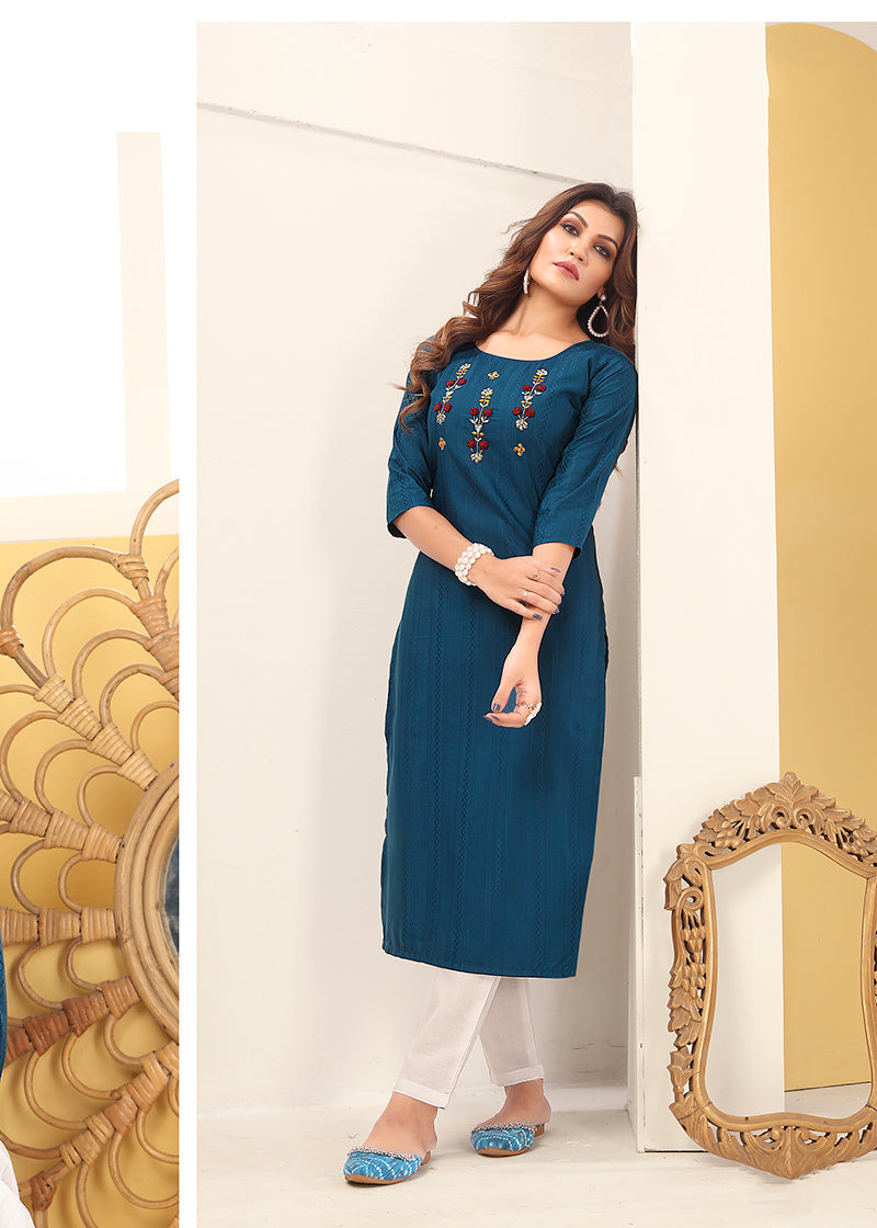 Monjolika Fashion Teal Blue Vision Silk With Handmade Embroidery Kurti