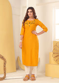 Monjolika Fashion Mustard Vision Silk With Handmade Embroidery Kurti