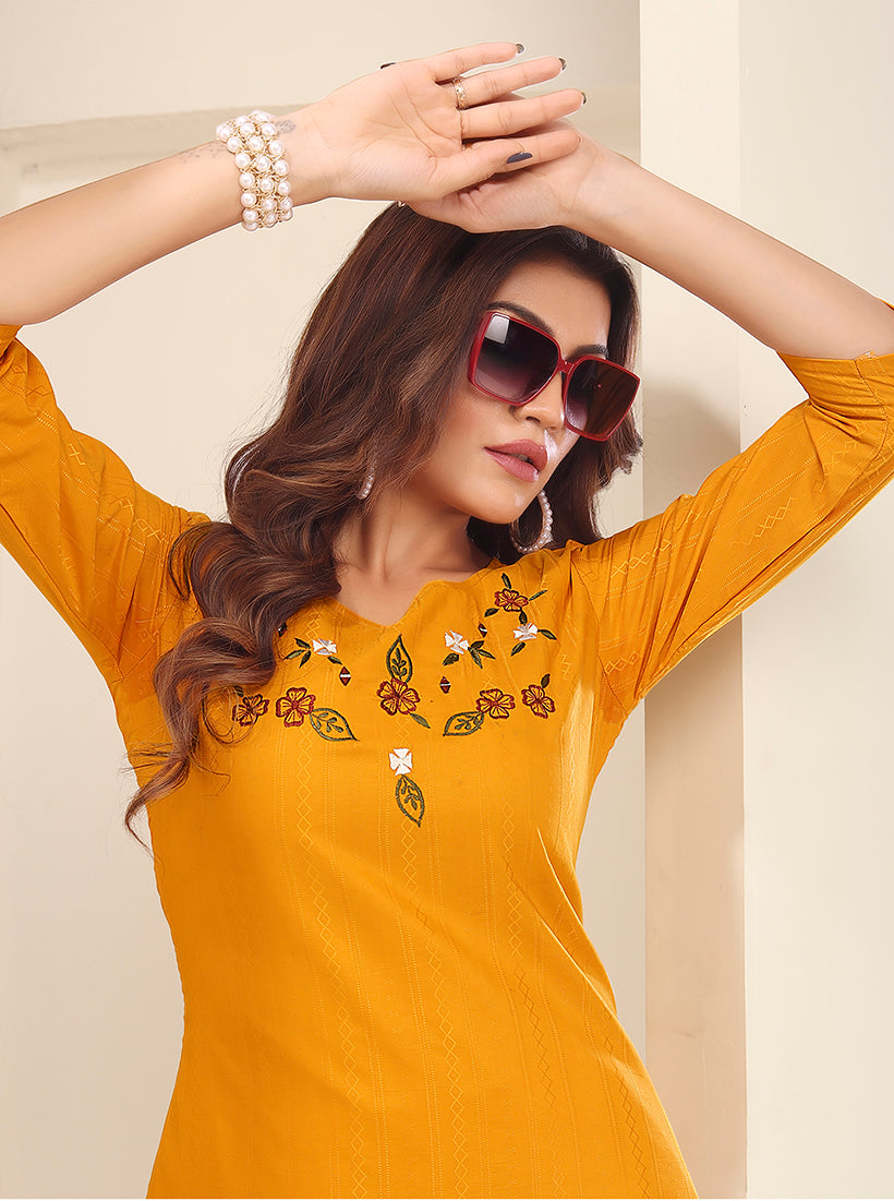 Monjolika Fashion Mustard Vision Silk With Handmade Embroidery Kurti
