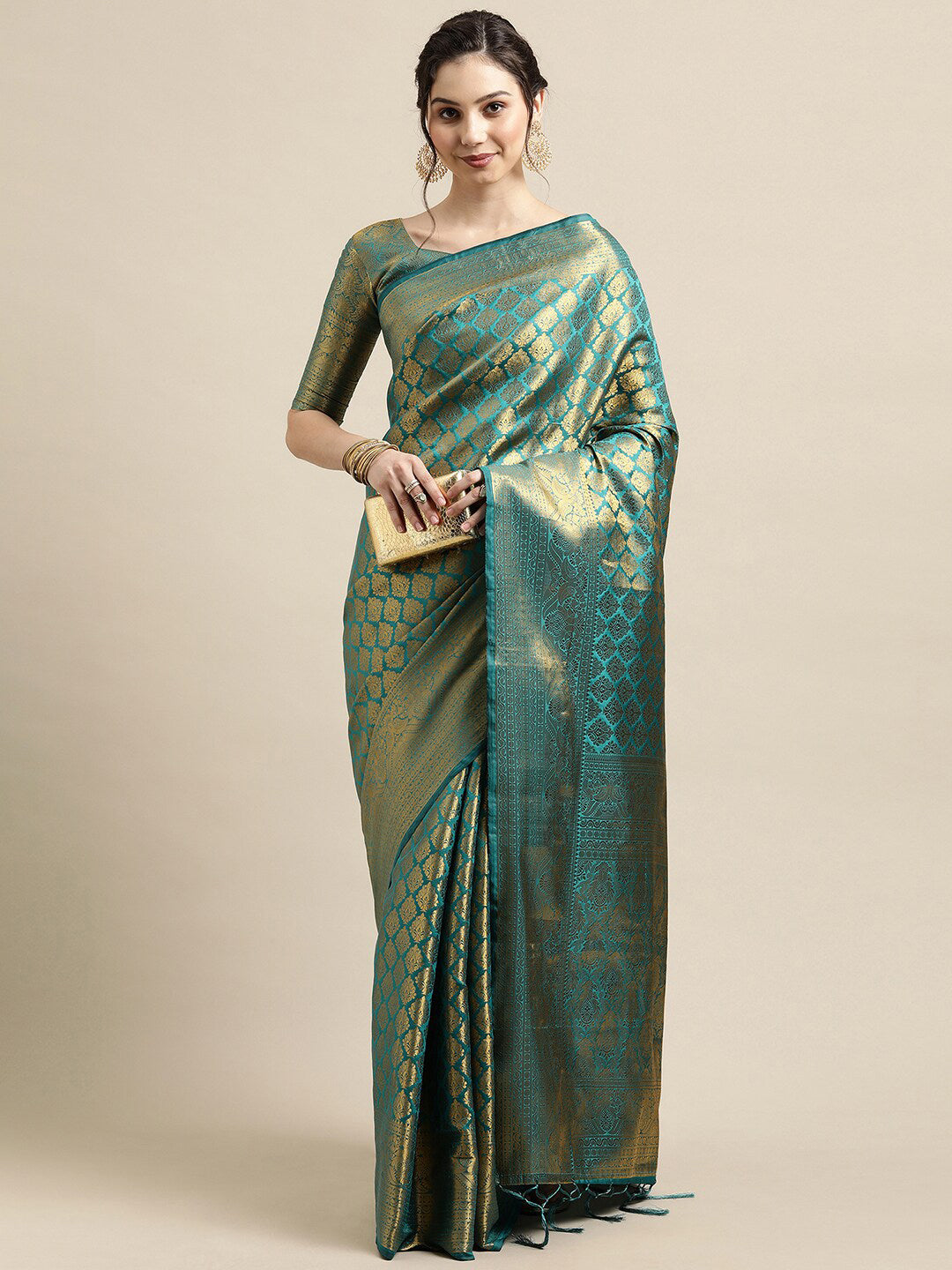 Saree Mall Blue & Gold-Toned Woven Design Zari Silk Blend Banarasi Saree