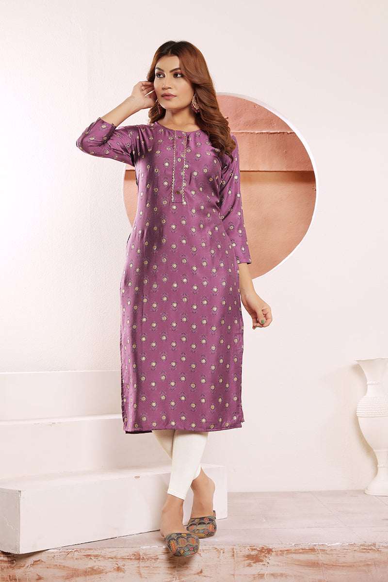 Monjolika Fashion Lavender Viscose Maslin Print With Pocket Stylish Kurti