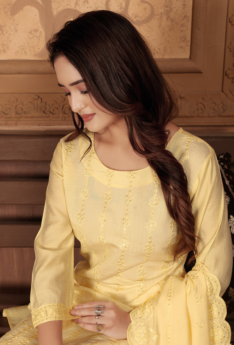 Monjolika Fashion Light Yellow Chanderi With Heavy Sequence Embroidery Classic Suit