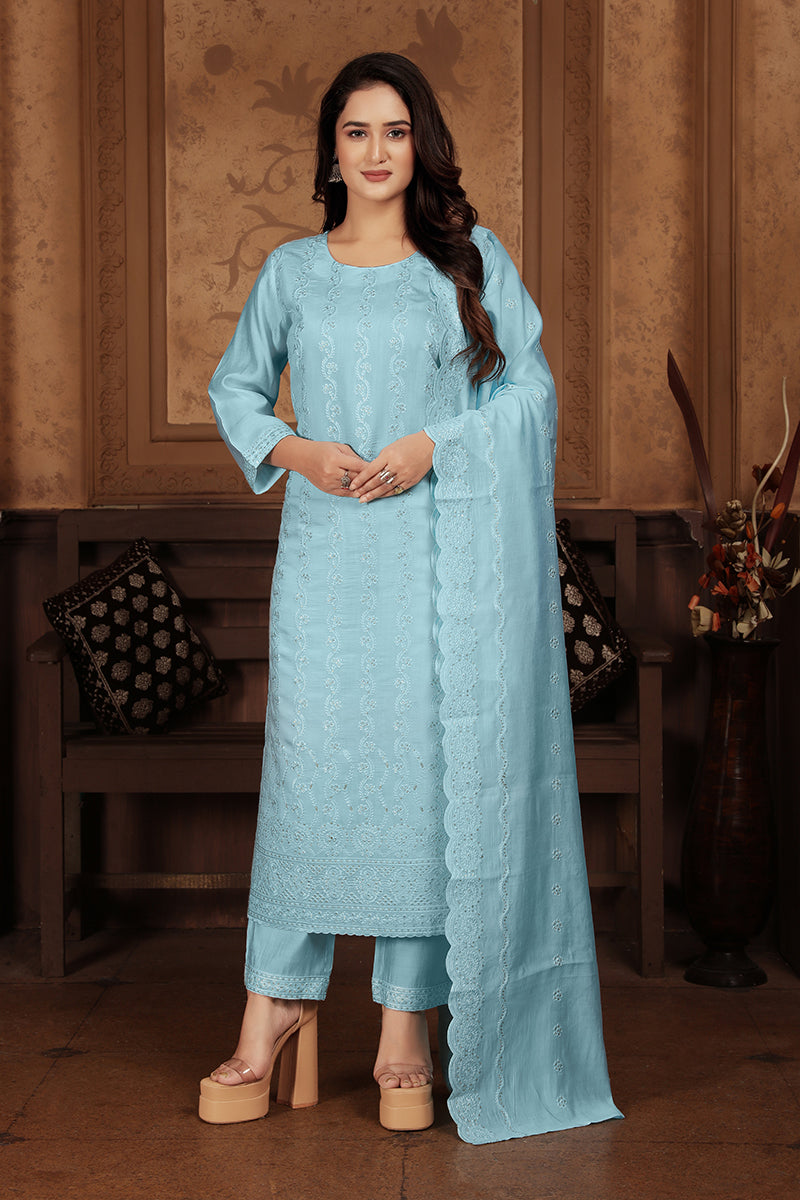 Monjolika Fashion Light Blue Chanderi With Heavy Sequence Embroidery Classic Suit