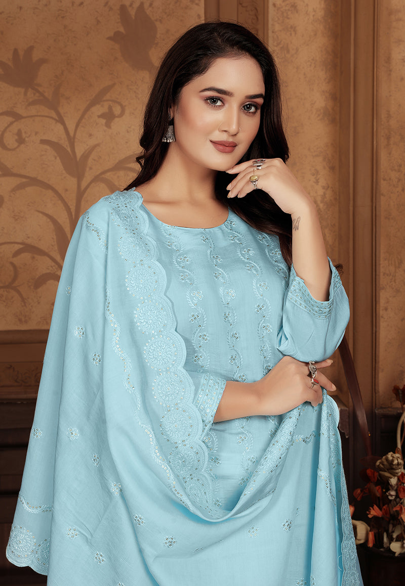 Monjolika Fashion Light Blue Chanderi With Heavy Sequence Embroidery Classic Suit