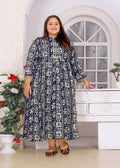 Monjolika Fashion Navy Blue Rayon Plus Size Printed Long Kurti