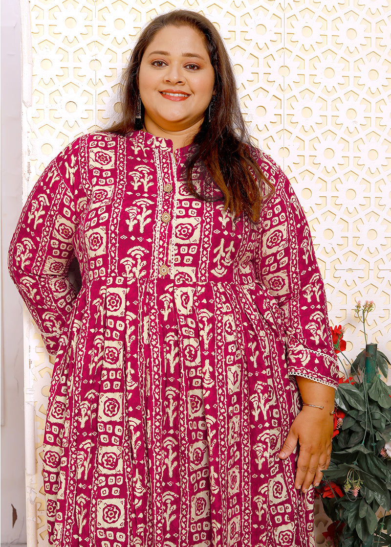 Monjolika Fashion Rani Pink Rayon Plus Size Printed Long Kurti
