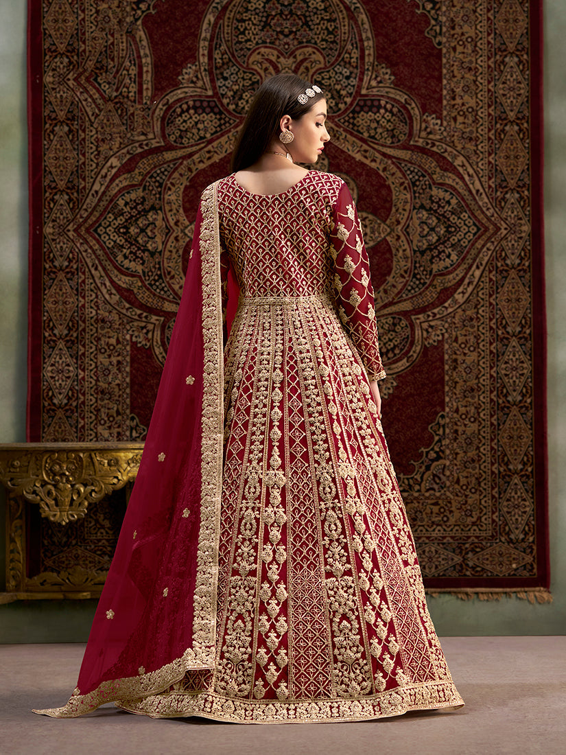 Monjolika Fashion Maroon Color Embroidered Santoon Net Salwar Suit
