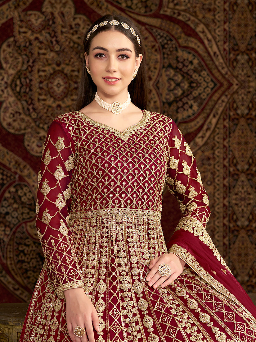 Monjolika Fashion Maroon Color Embroidered Santoon Net Salwar Suit