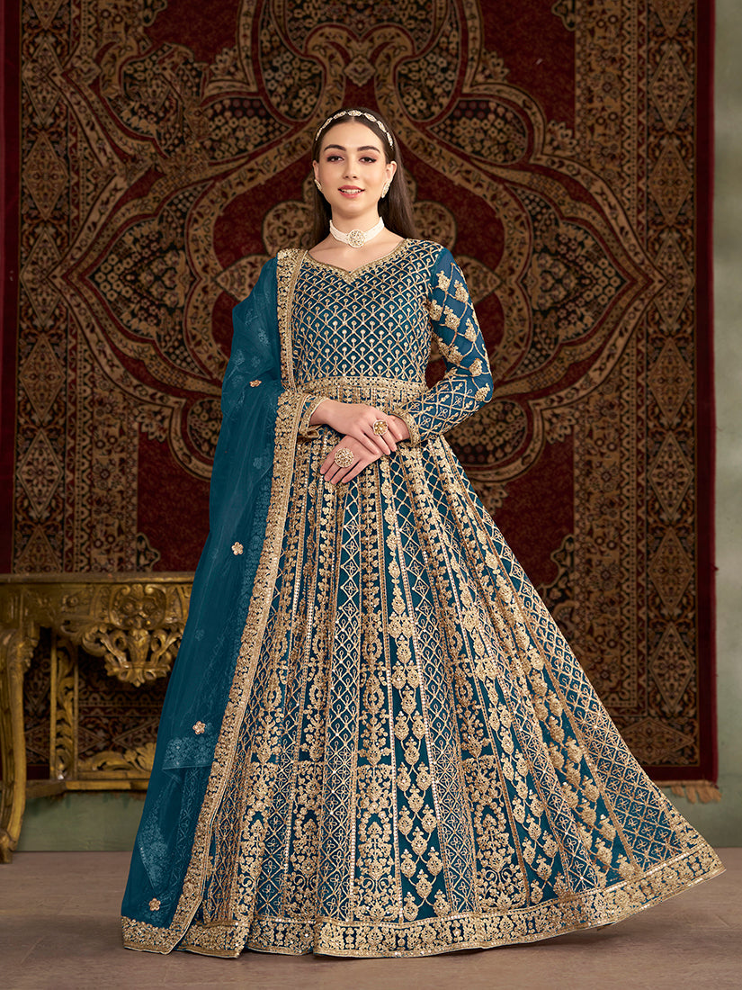 Monjolika Fashion Teal Color Embroidered Santoon Net Salwar Suit