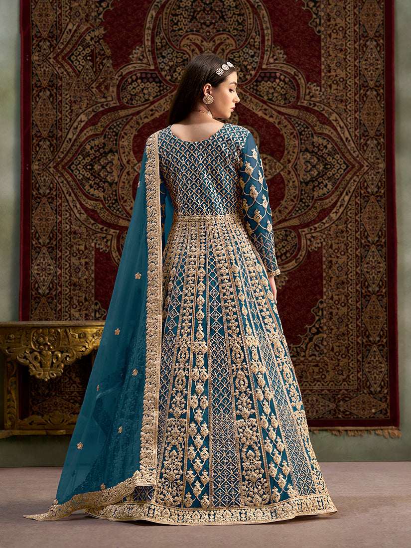 Monjolika Fashion Teal Color Embroidered Santoon Net Salwar Suit