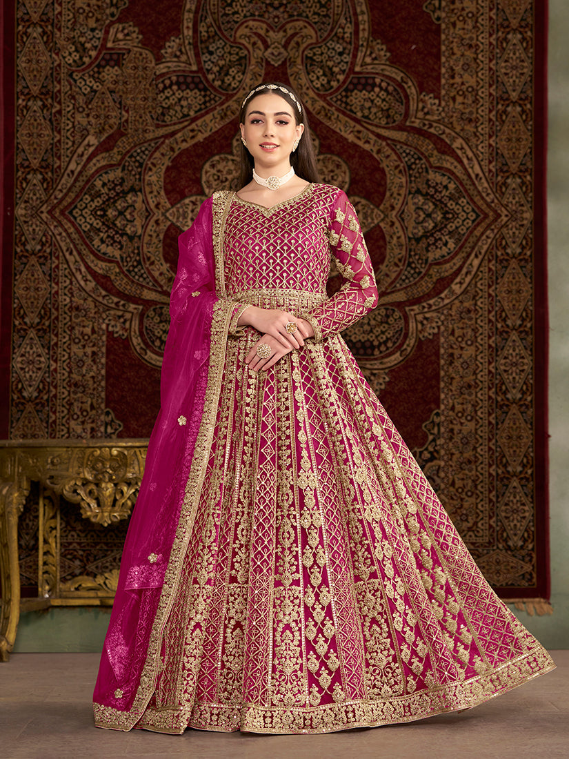 Monjolika Fashion Rani-Pink Color Embroidered Santoon Net Salwar Suit