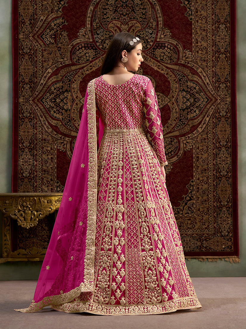 Monjolika Fashion Rani-Pink Color Embroidered Santoon Net Salwar Suit