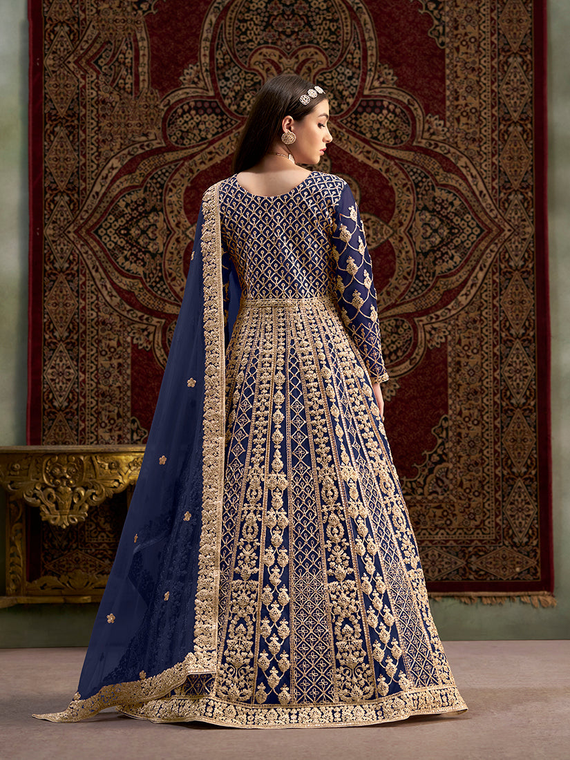 Monjolika Fashion Navy-Blue Color Embroidered Santoon Net Salwar Suit