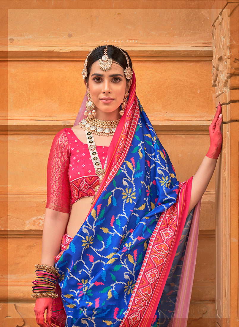 Monjolika Fashion Blue Patola Print Silk Ceremonial Trendy Saree