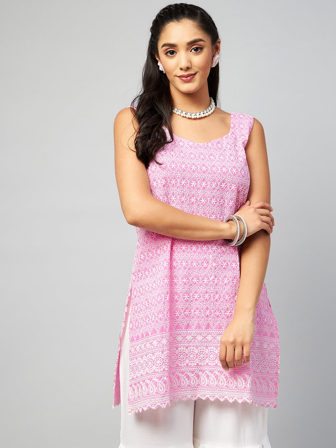 InWeave Women's Pink Sweetheart Neckline Kurta