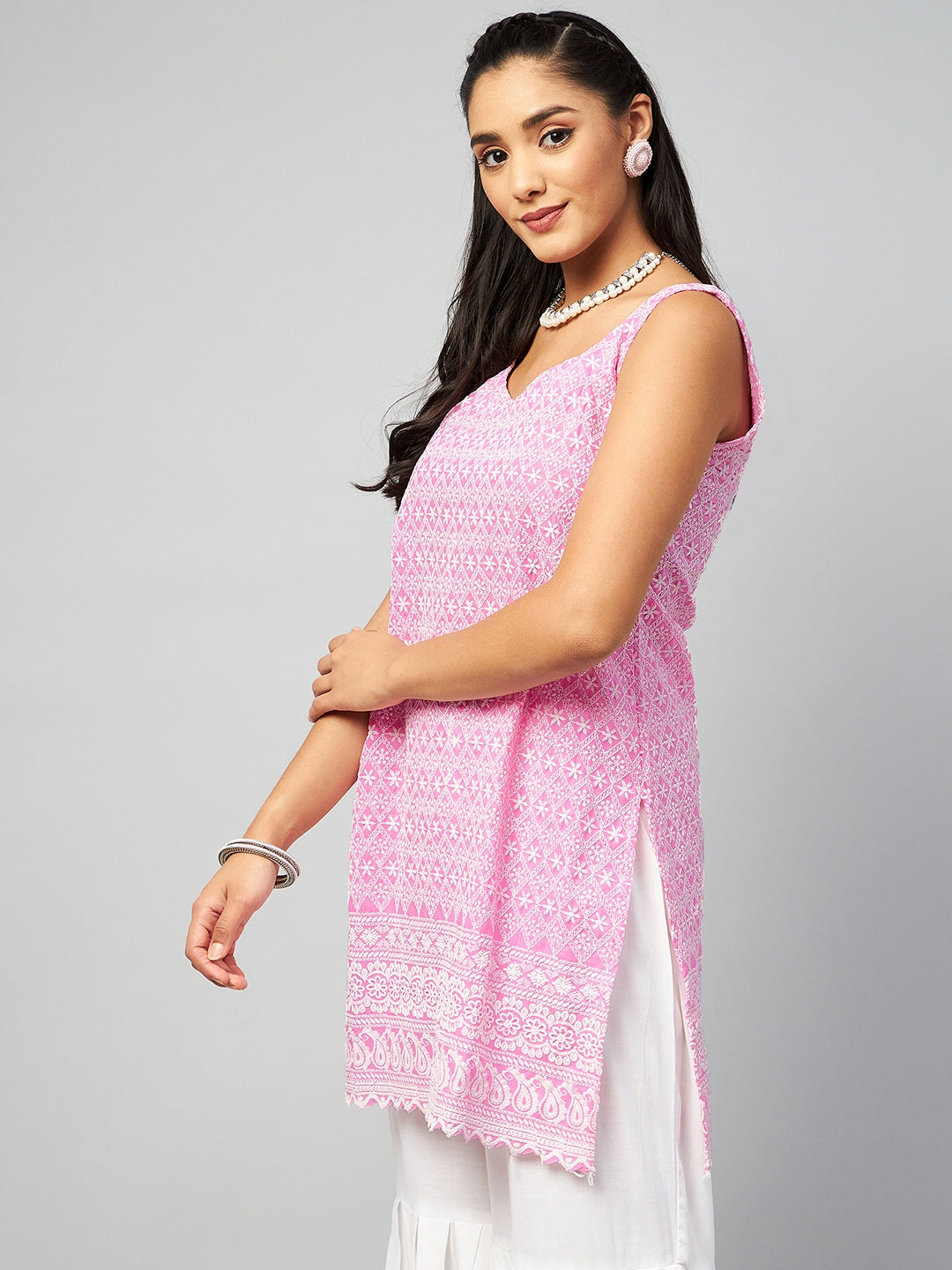 InWeave Women's Pink Sweetheart Neckline Kurta