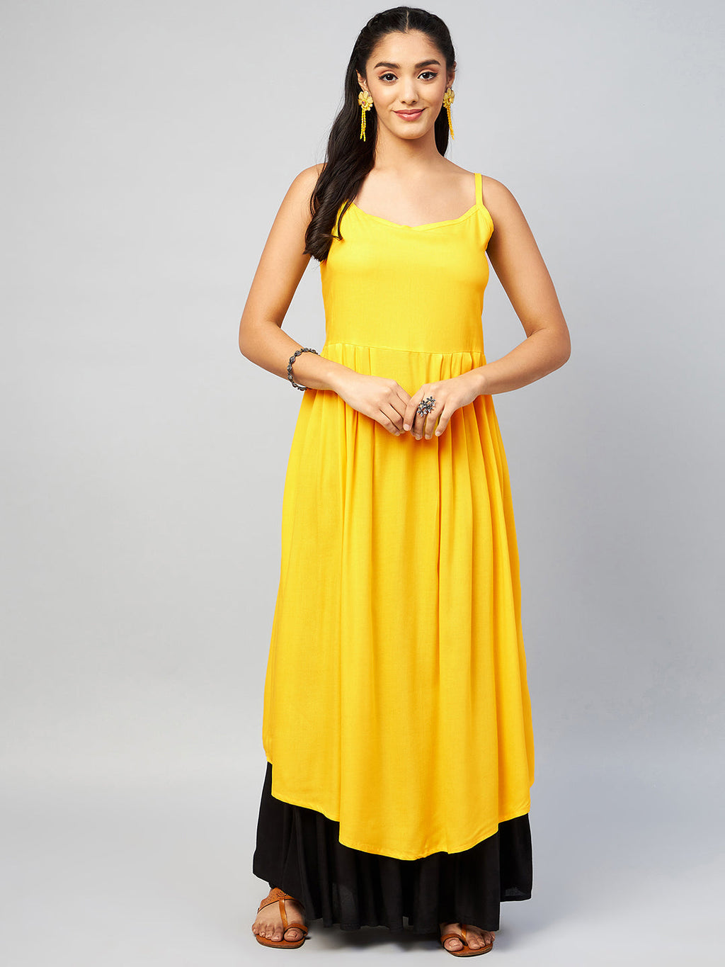 InWeave Women's Solid Yellow Strappy Kurta