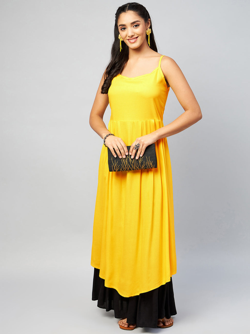 InWeave Women's Solid Yellow Strappy Kurta