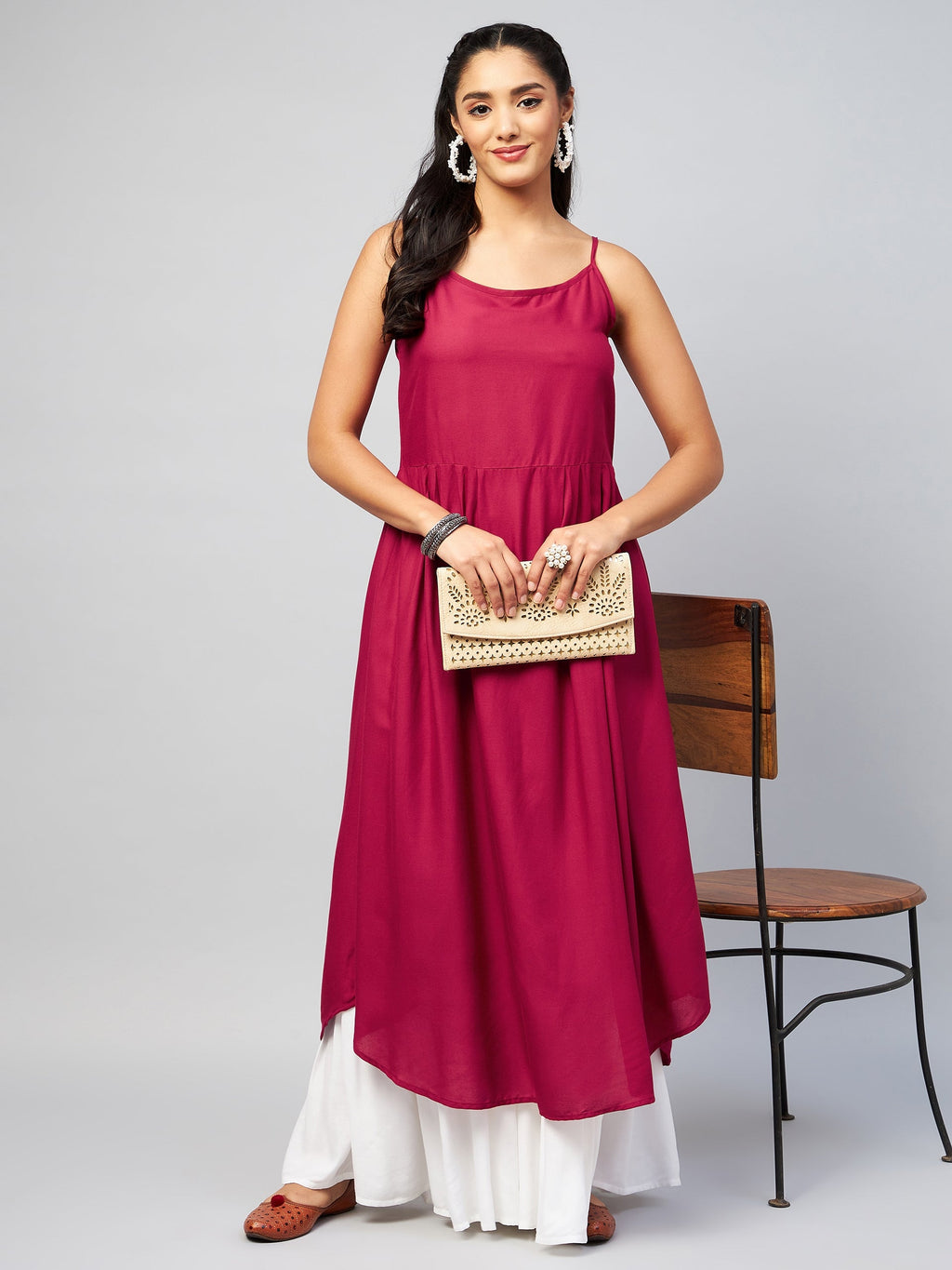 InWeave Women's Solid Maroon Strappy Kurta