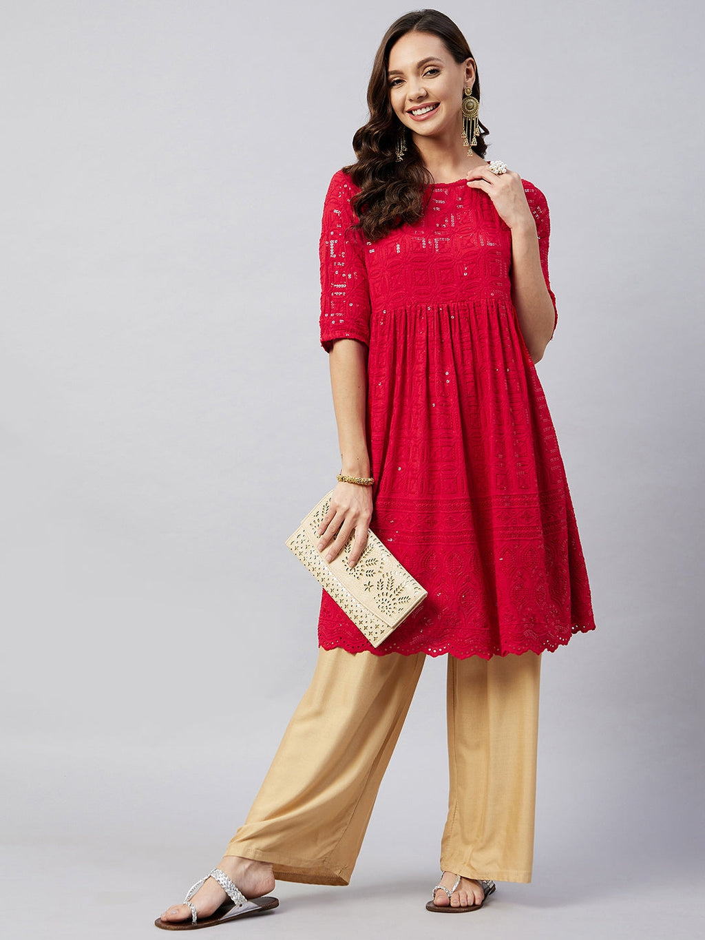 InWeave Women's Ruby Red Chikankari Anarkali Kurta