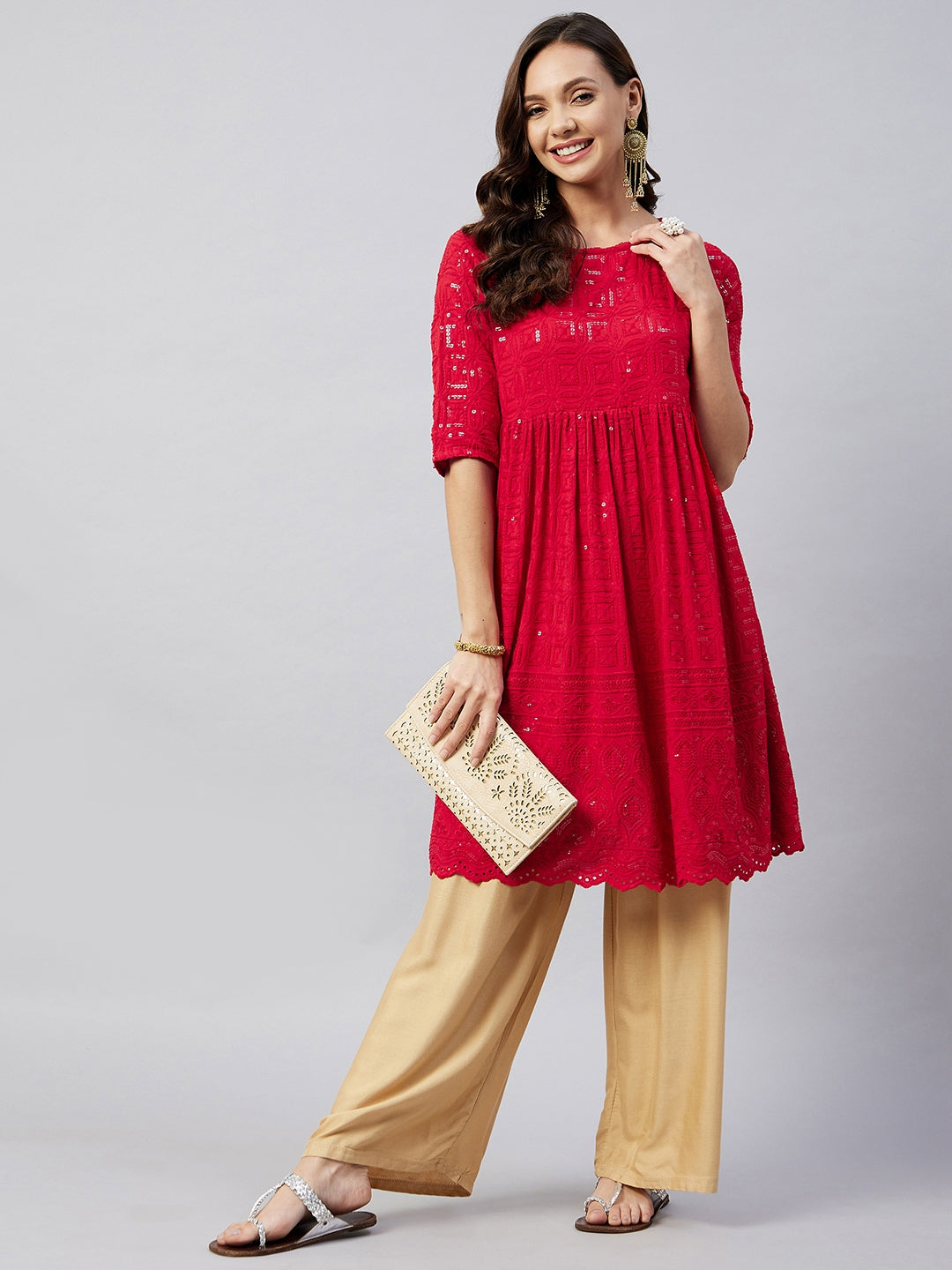 InWeave Women's Ruby Red Chikankari Anarkali Kurta