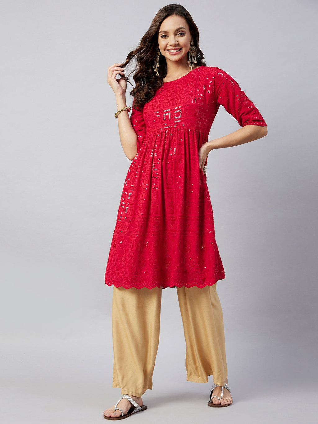 InWeave Women's Ruby Red Chikankari Anarkali Kurta