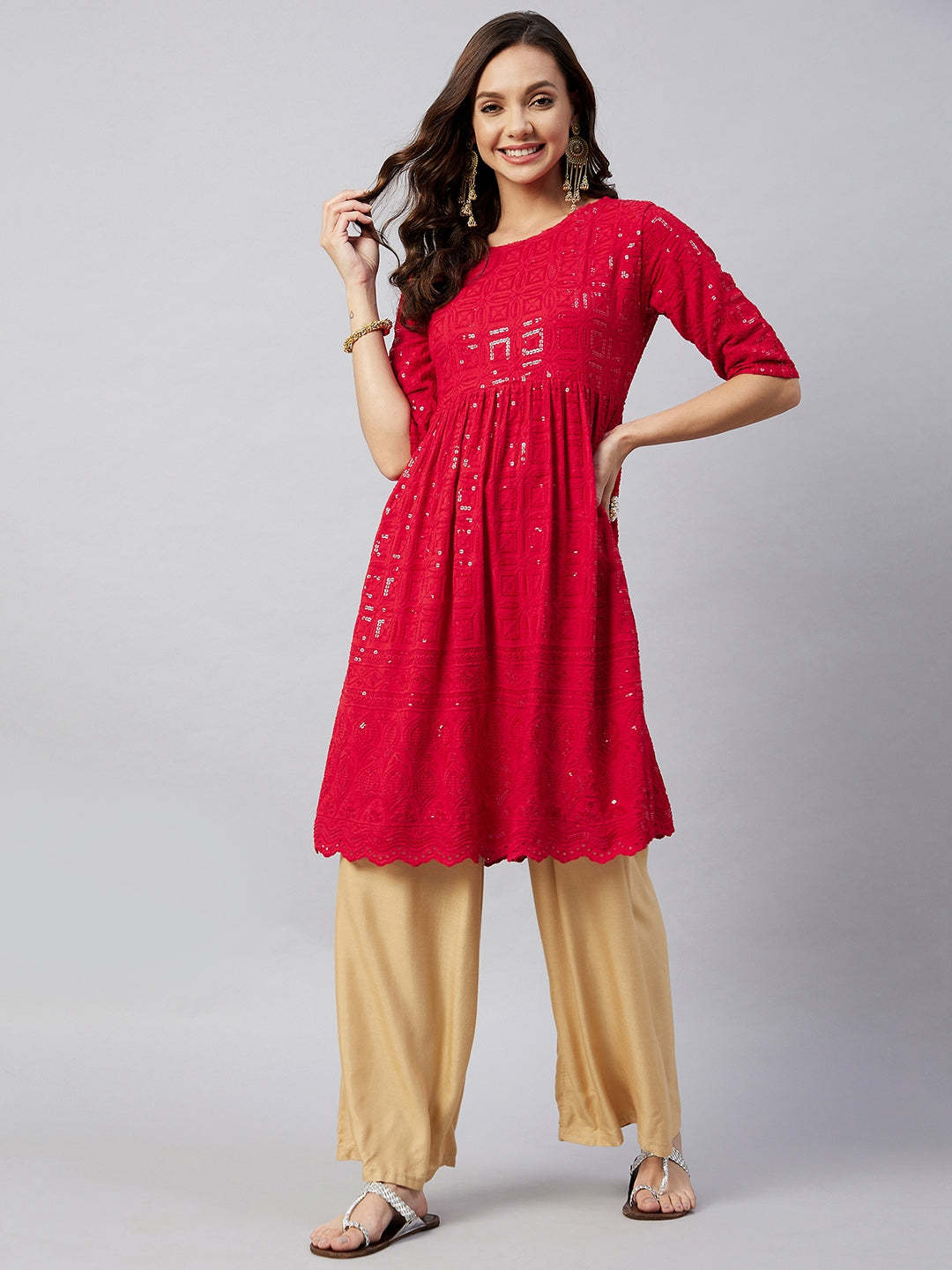 InWeave Women's Ruby Red Chikankari Anarkali Kurta
