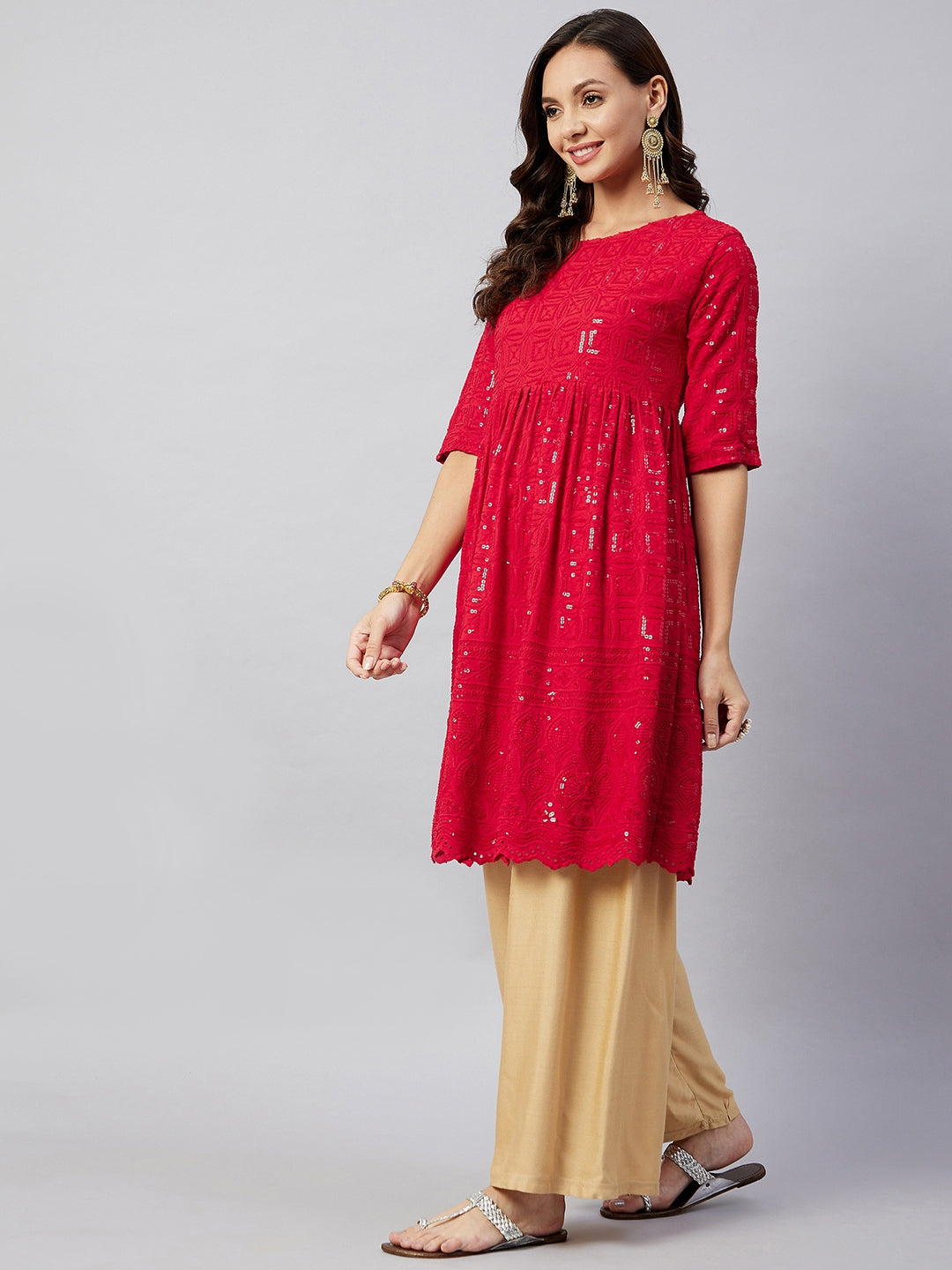 InWeave Women's Ruby Red Chikankari Anarkali Kurta