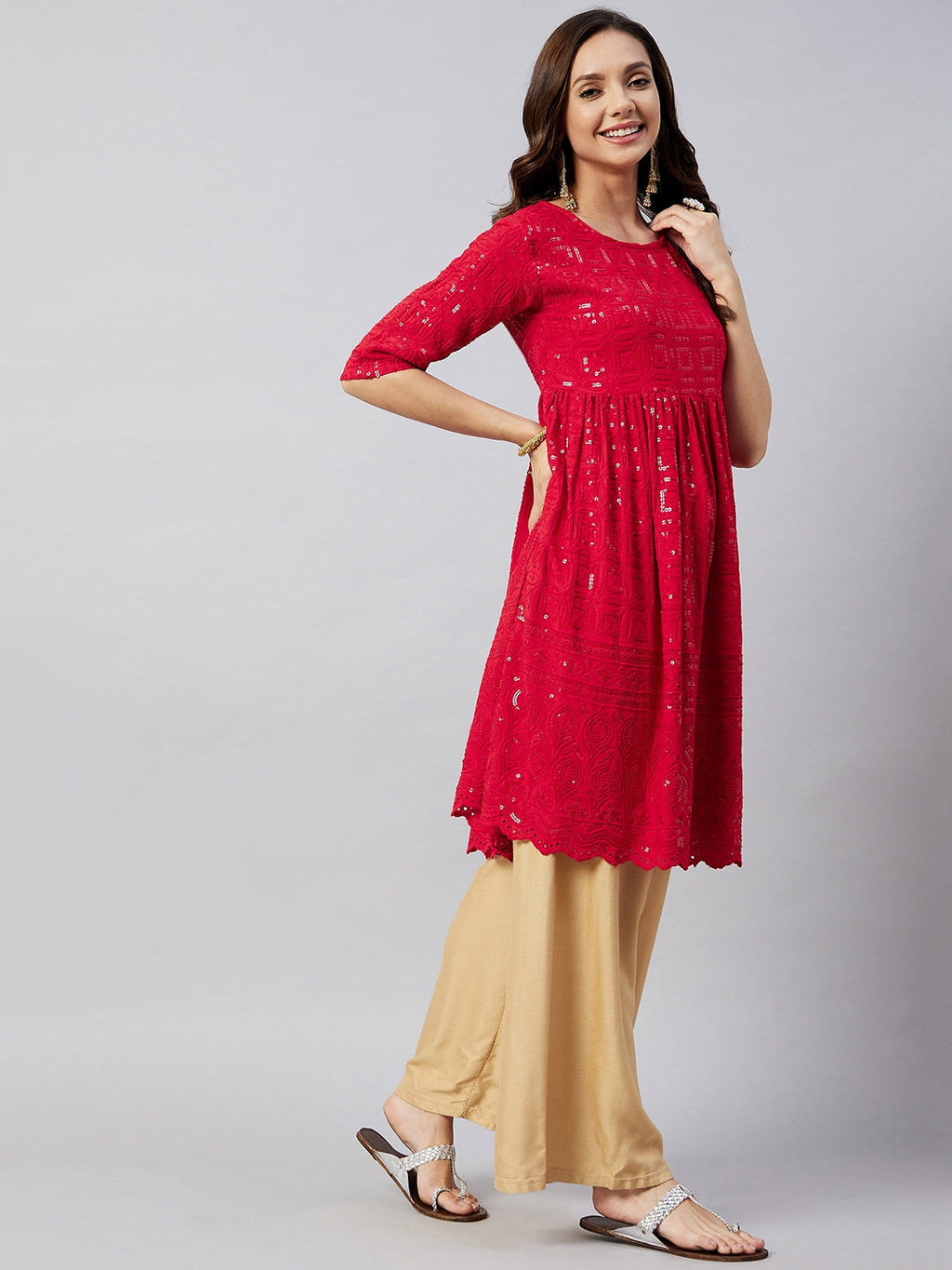 InWeave Women's Ruby Red Chikankari Anarkali Kurta