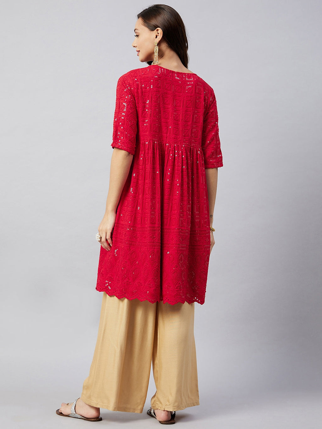 InWeave Women's Ruby Red Chikankari Anarkali Kurta