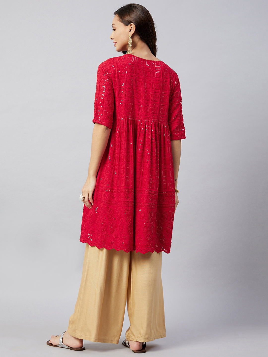 InWeave Women's Ruby Red Chikankari Anarkali Kurta