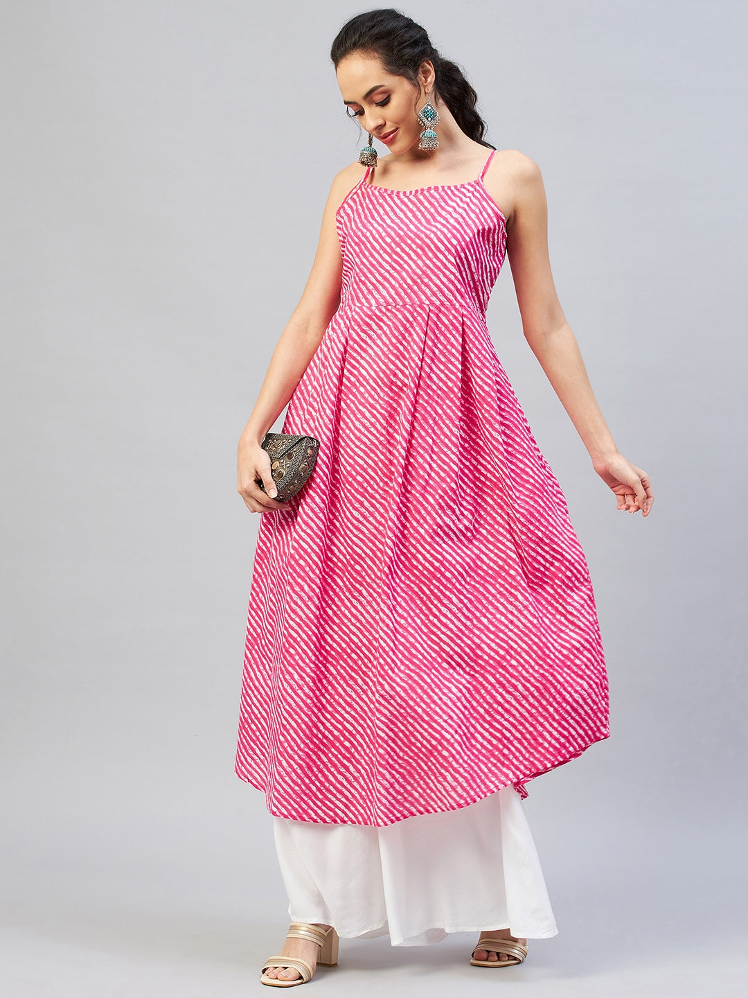 InWeave Women's Pink Lehriya Strappy Kurta