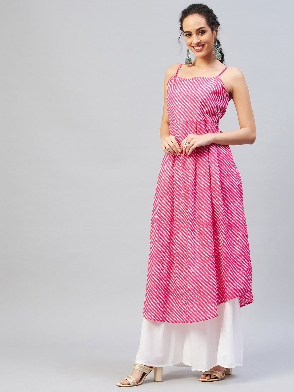 InWeave Women's Pink Lehriya Strappy Kurta