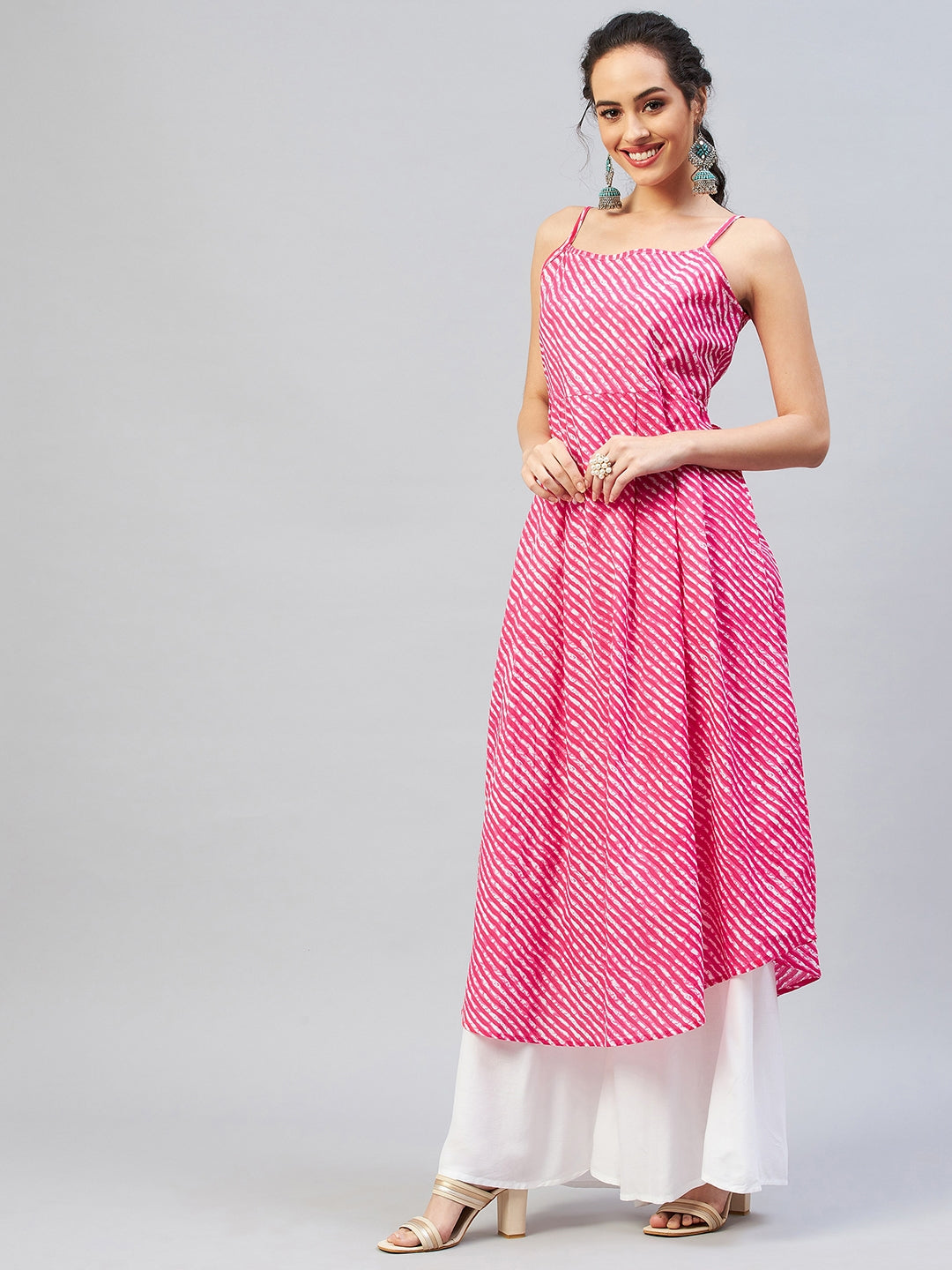 InWeave Women's Pink Lehriya Strappy Kurta