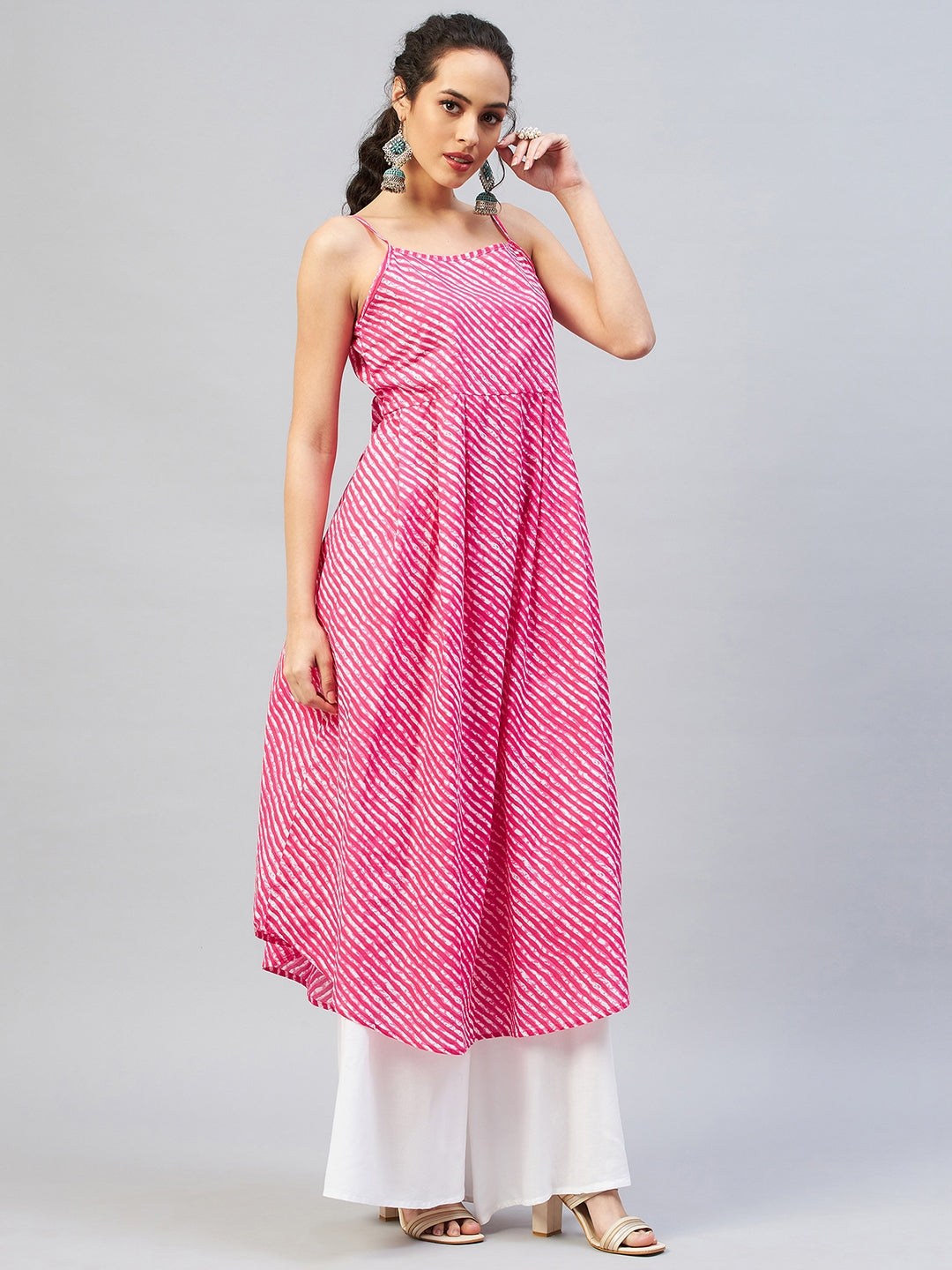 InWeave Women's Pink Lehriya Strappy Kurta
