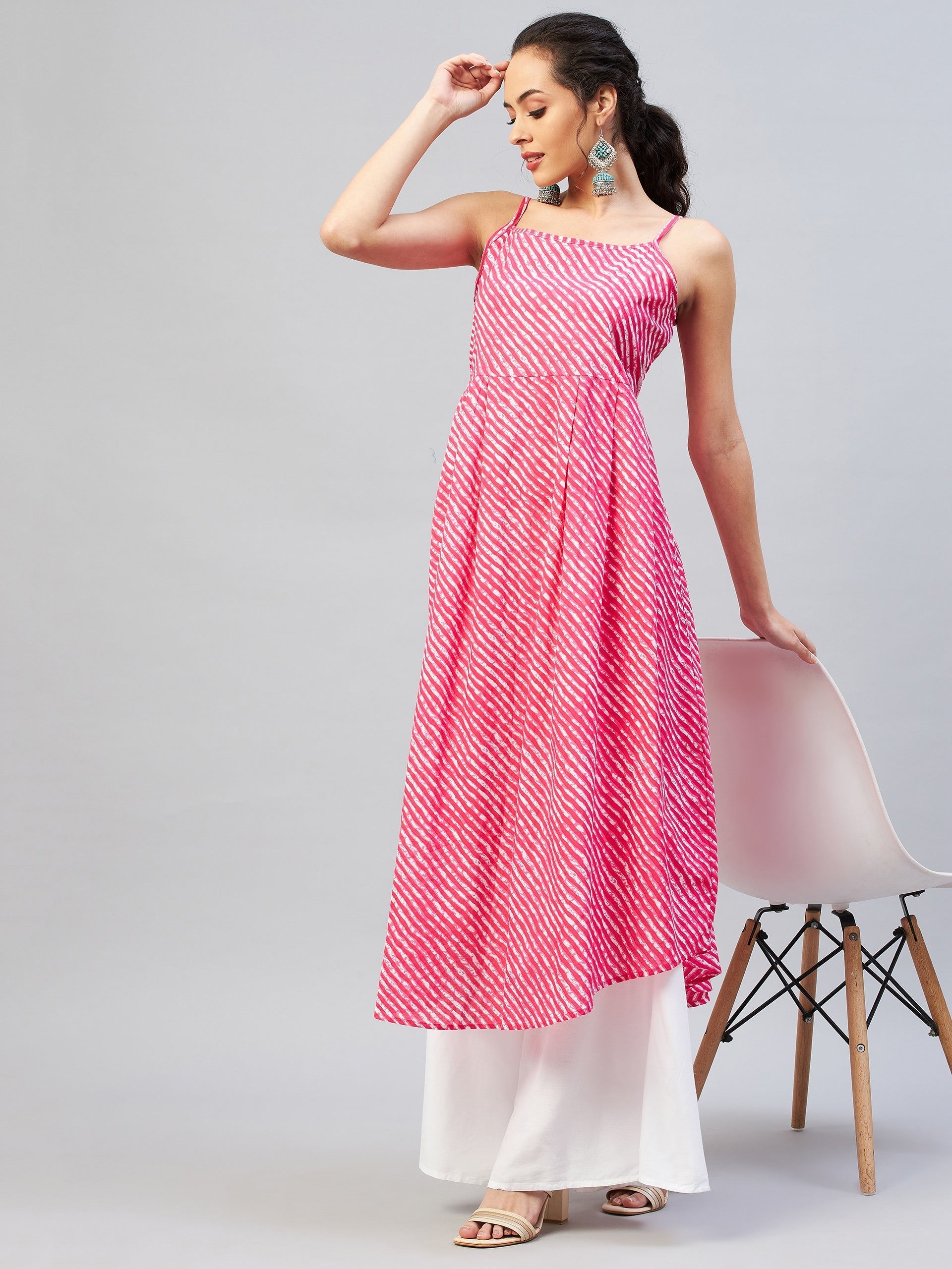 InWeave Women's Pink Lehriya Strappy Kurta