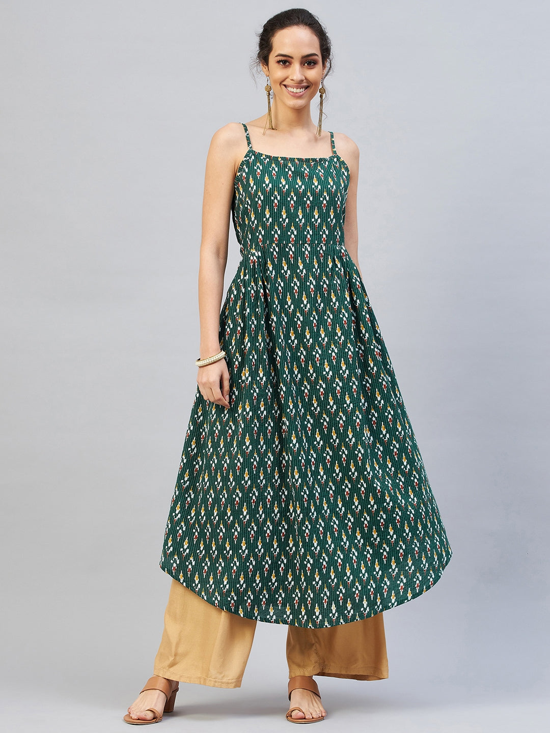 InWeave Women's Green Kantha Ikkat Strappy Kurta