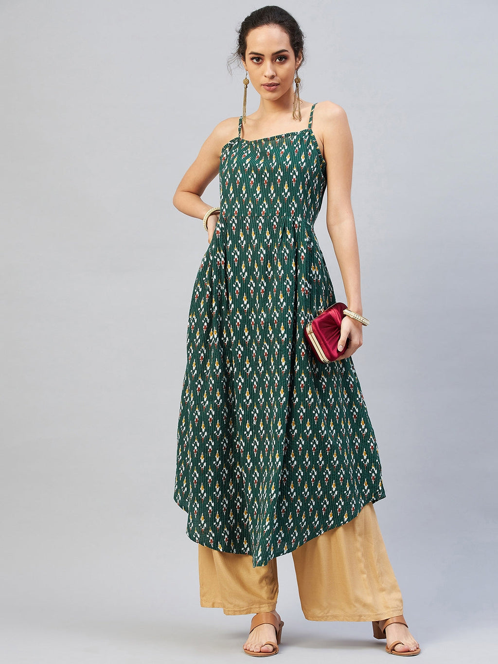 InWeave Women's Green Kantha Ikkat Strappy Kurta