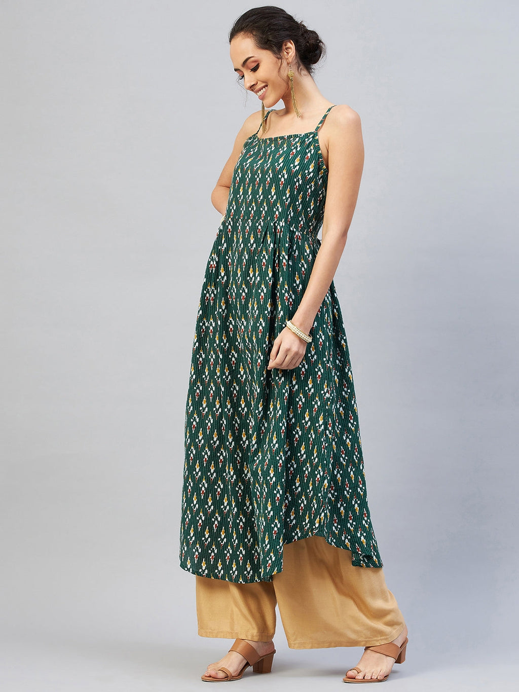 InWeave Women's Green Kantha Ikkat Strappy Kurta