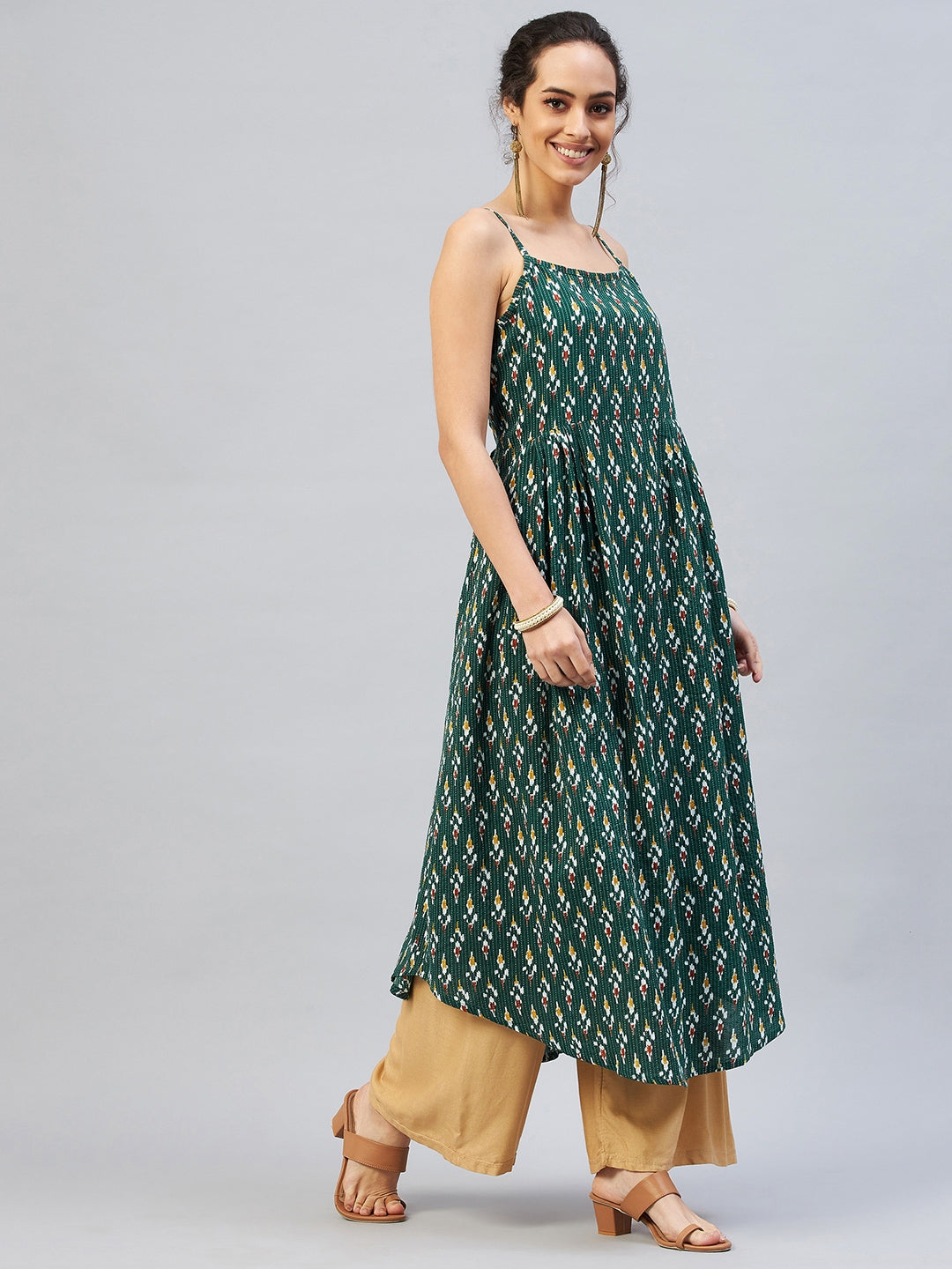 InWeave Women's Green Kantha Ikkat Strappy Kurta