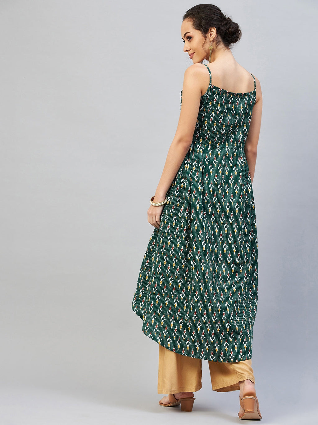 InWeave Women's Green Kantha Ikkat Strappy Kurta