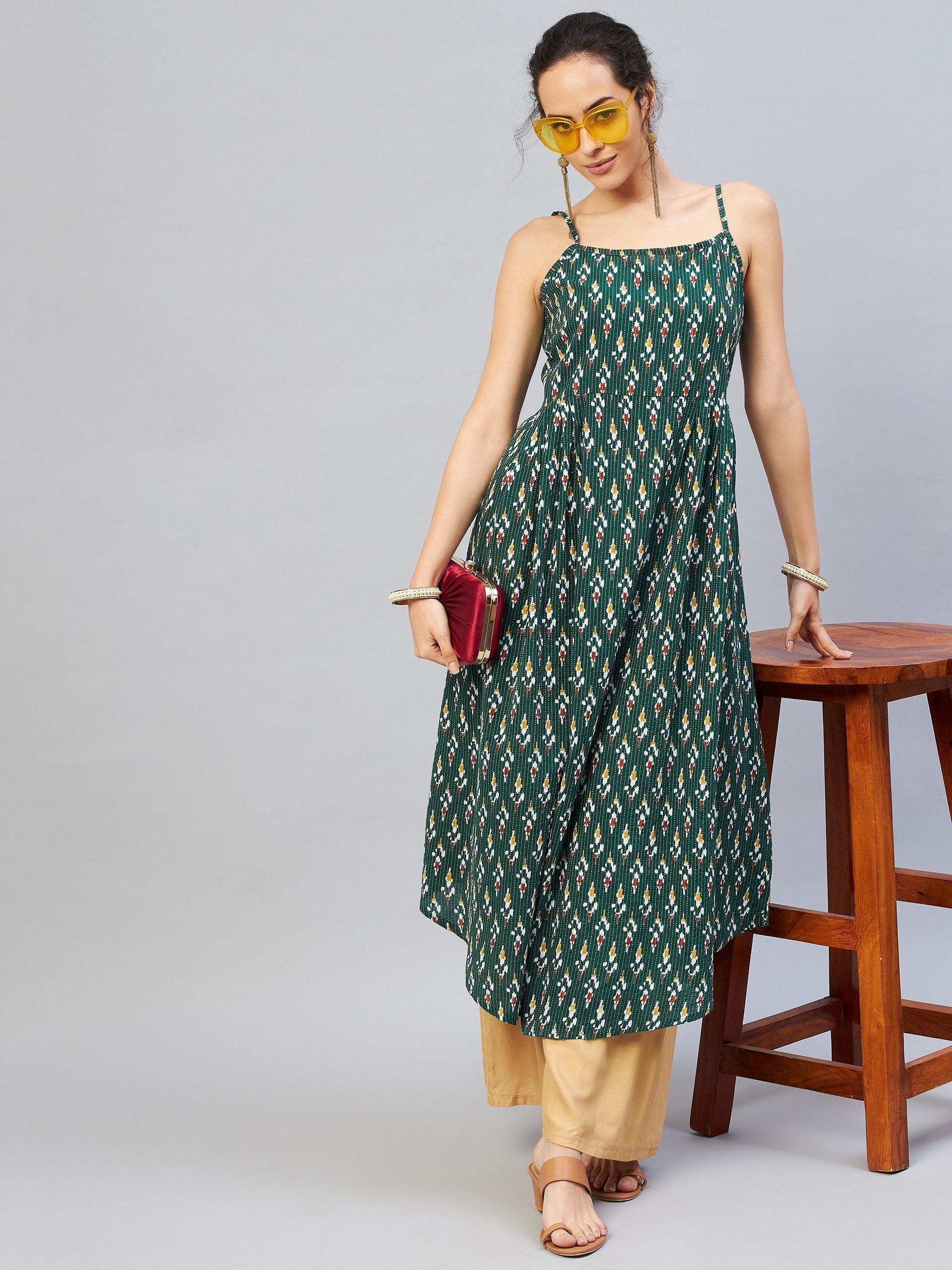 InWeave Women's Green Kantha Ikkat Strappy Kurta