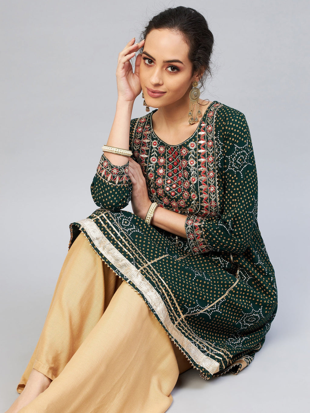 InWeave Women's Green Gota Mirror Work Kurta