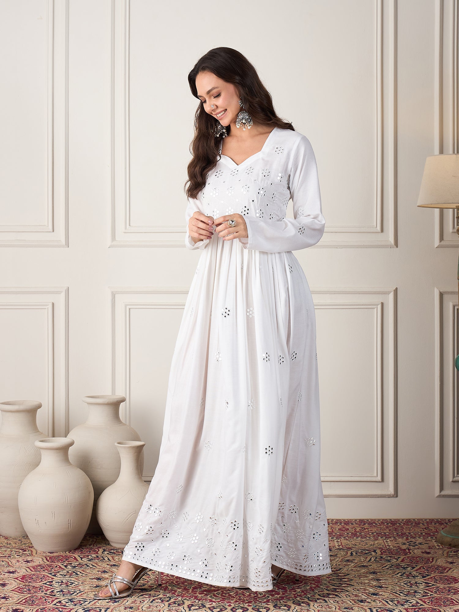 InWeave White Mirror Work Long Anarkali Kurta