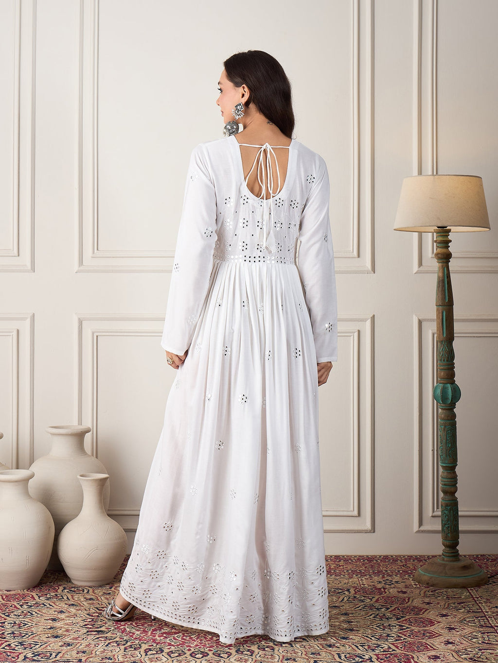 InWeave White Mirror Work Long Anarkali Kurta