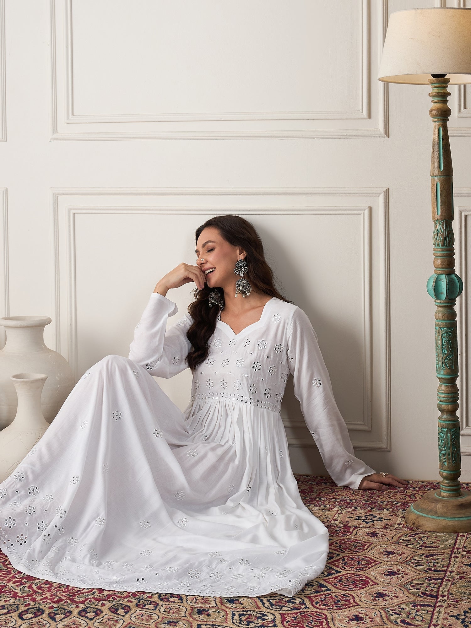 InWeave White Mirror Work Long Anarkali Kurta