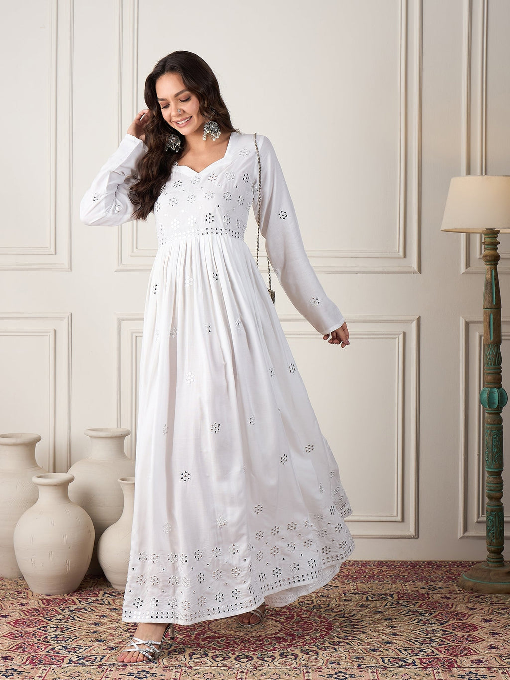 InWeave White Mirror Work Long Anarkali Kurta