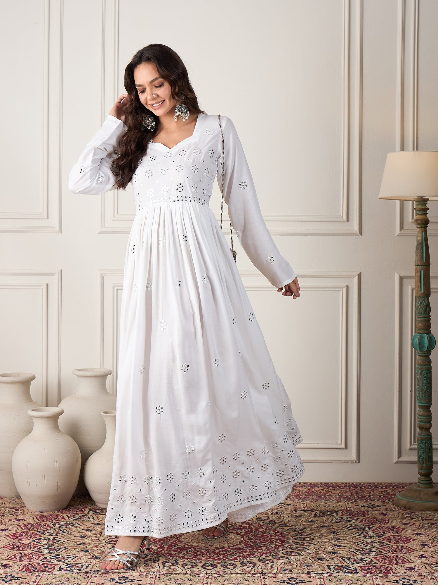 InWeave White Mirror Work Long Anarkali Kurta