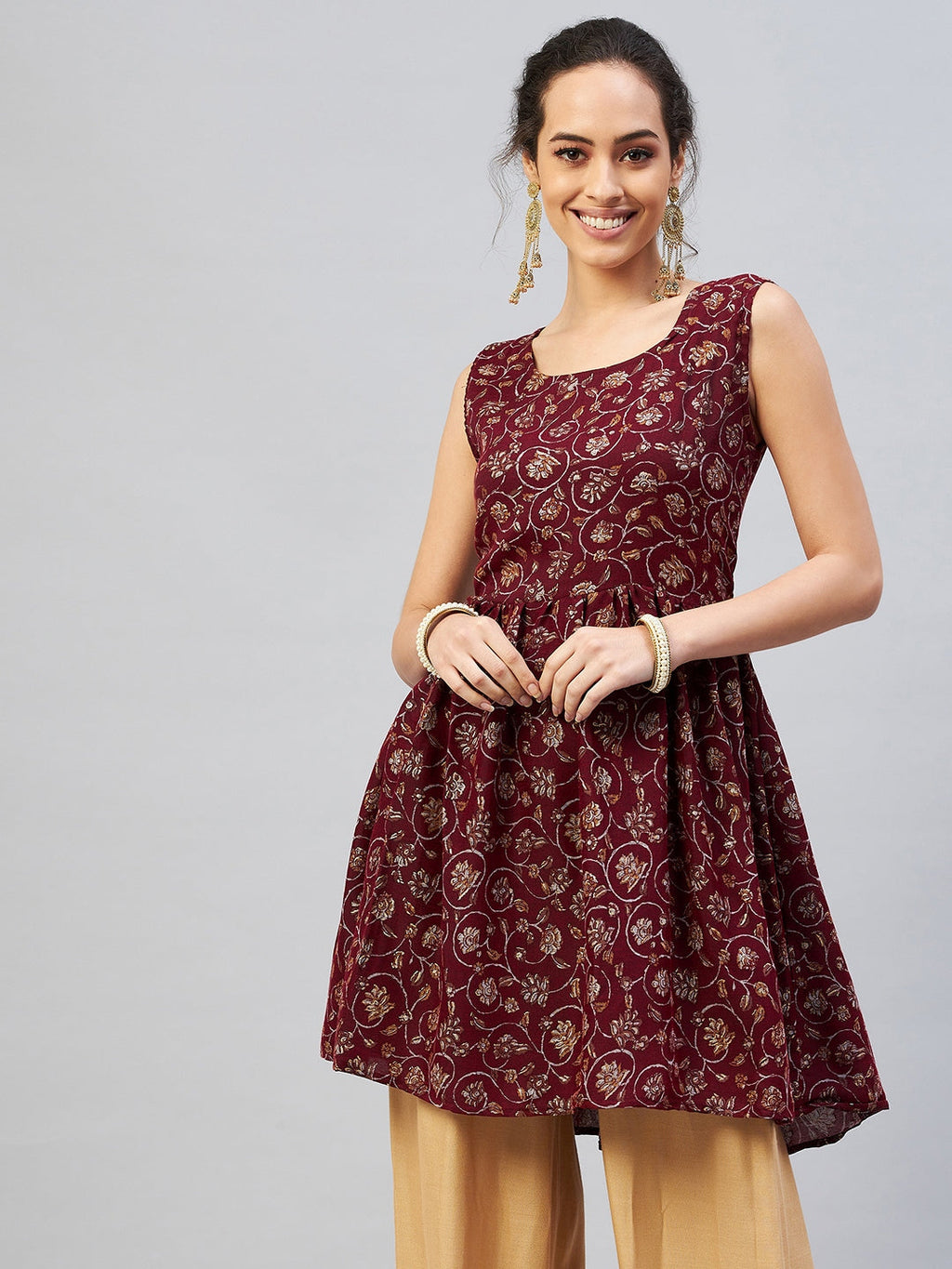 InWeave Women's Burgundy Silver Gold Printed Kurta